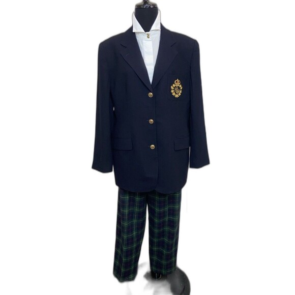 Lauren Ralph Lauren Vtg Blazer Women's 16 Navy Worsted Wool Jacket 3D Gold Crest - Picture 1 of 16